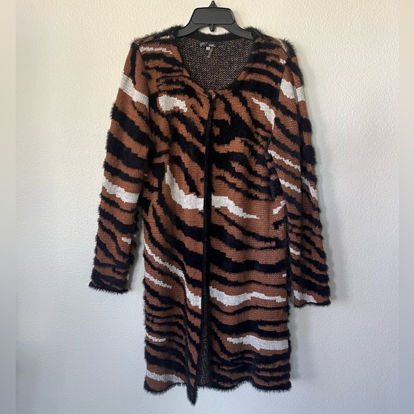 Sioni Duster Cardigan Brown Animal Print Knit Boho Open Sweater Womens Size L - Picture 1 of 10